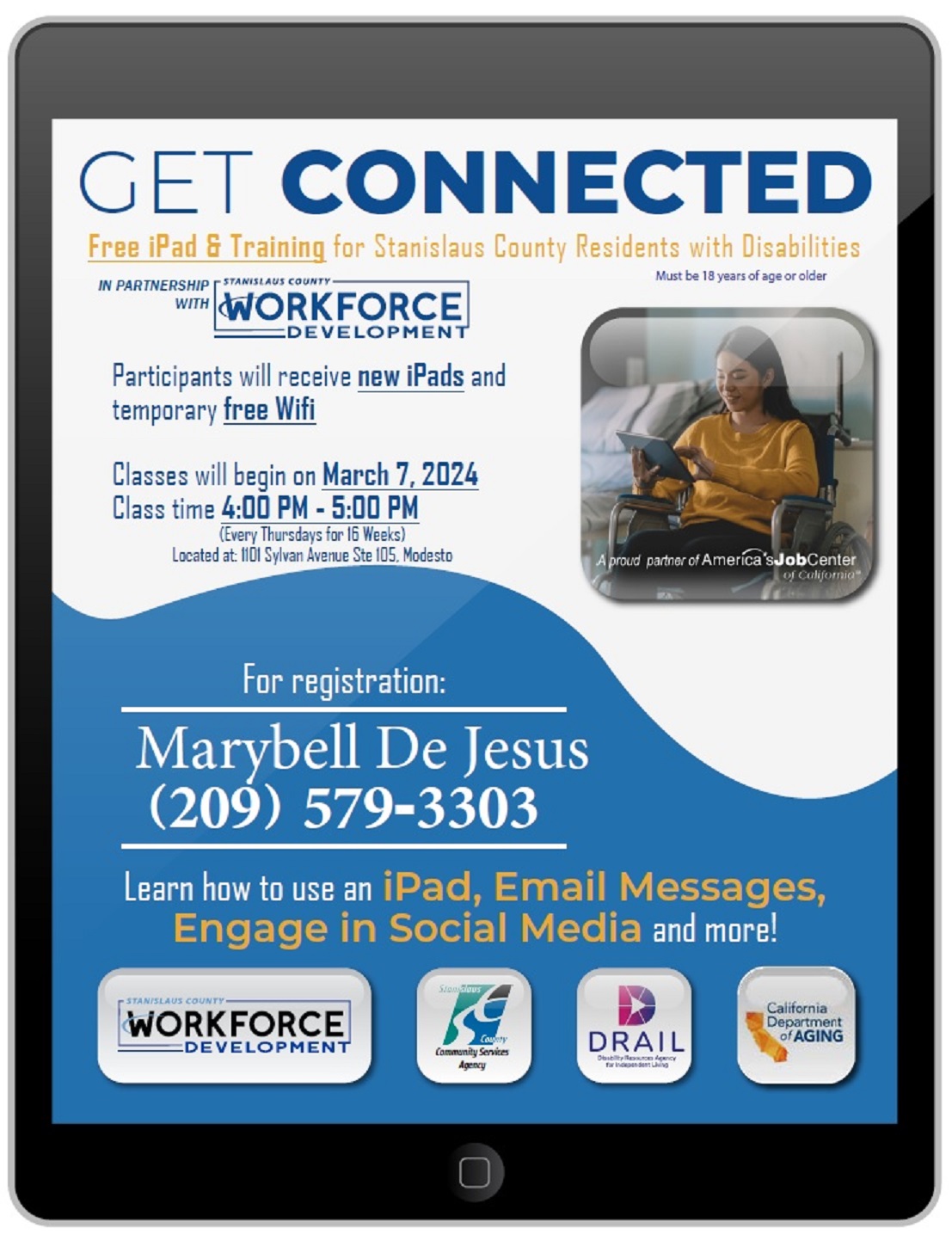 The image is a digital flyer with a sleek, modern design presented on a tablet screen. The background is a gradient of blue shades, and the top of the flyer reads 